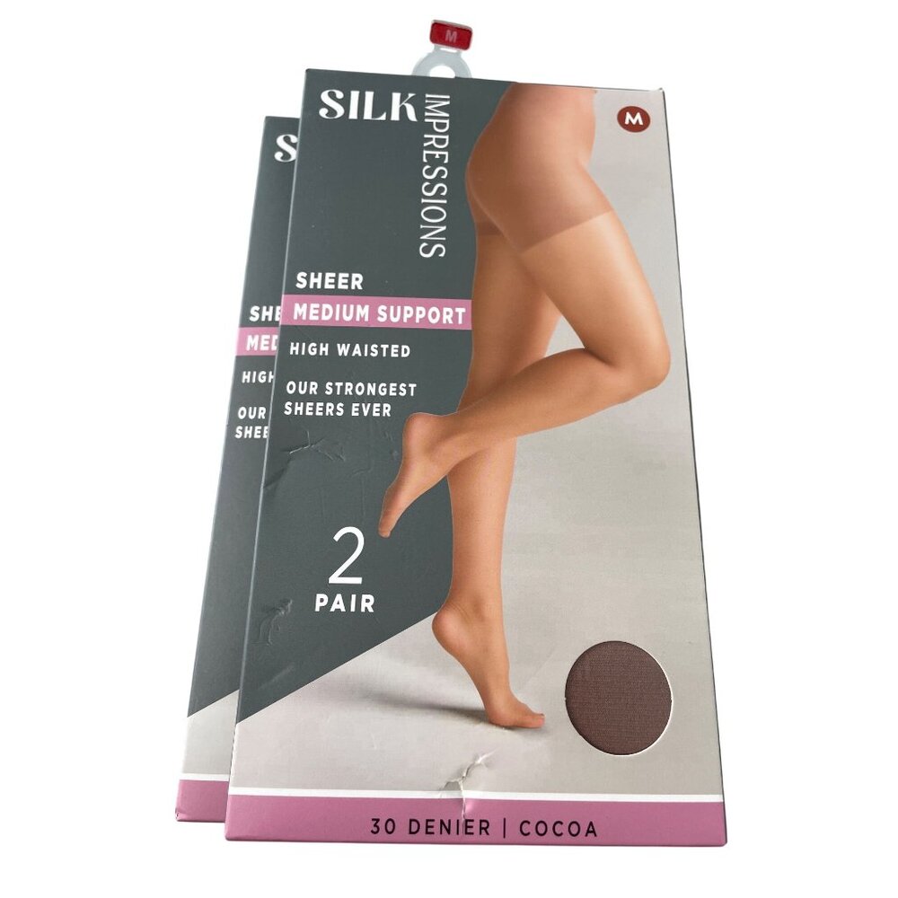 Silk Impressions Pantyhose Size Medium Sheer Medium Support 2 Pair 30 Denier NEW